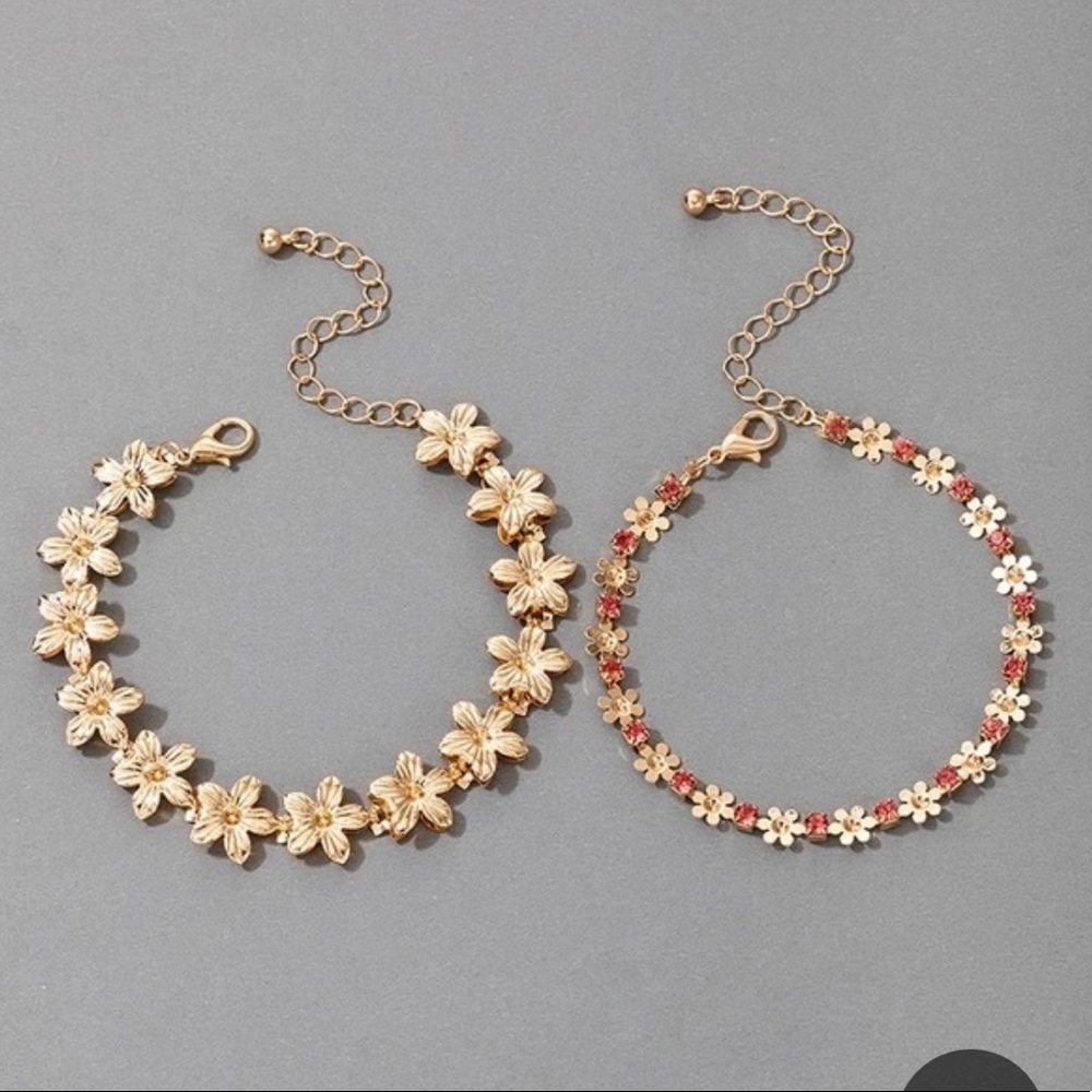 Gold Flower Rhinestone Gem Bracelet Set 2pc - Picture 3 of 5